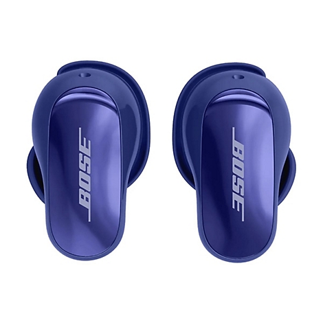Zwei tiefblaue Bose In-Ear-Kopfhörer vor weißem Hintergrund, mit silbernem Bose-Logo auf der glänzenden Oberfläche.