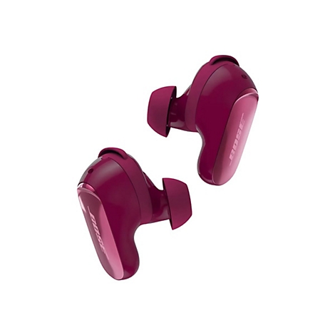 Zwei tiefrote Bose In-Ear-Kopfhörer vor weißem Hintergrund.