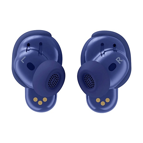 Dunkelblaue In-Ear-Kopfhörer mit L- und R-Markierung und drei goldenen Ladekontakten vor weißem Hintergrund.