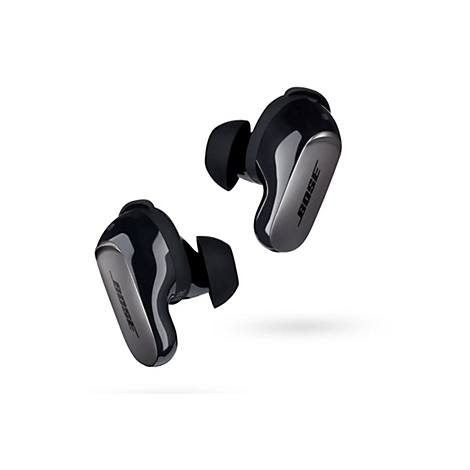Zwei schwarze Bose In-Ear-Kopfhörer vor weißem Hintergrund, mit silbernem Markenschriftzug.