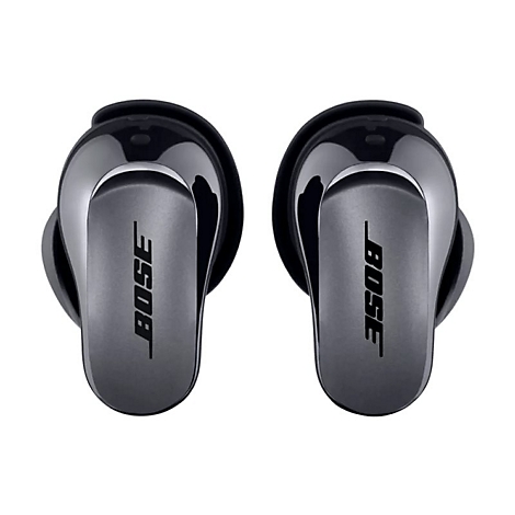 Zwei schwarze Bose In-Ear-Kopfhörer vor weißem Hintergrund, mit Bose-Logo auf der Außenseite.