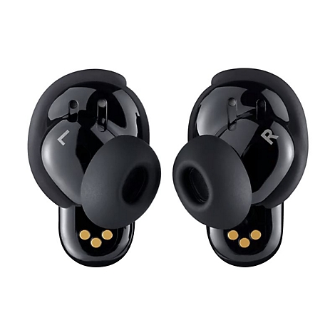 Zwei schwarze In-Ear-Kopfhörer mit Silikonaufsätzen vor weißem Hintergrund. Die Kennzeichnungen L und R sind sichtbar.