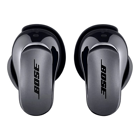 Zwei schwarze Bose In-Ear-Kopfhörer vor weißem Hintergrund mit Firmenlogo auf der Gehäuseoberfläche.