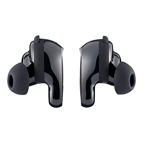 Zwei glänzend schwarze In-Ear-Kopfhörer mit matten Ohrstöpseln vor weißem Hintergrund.