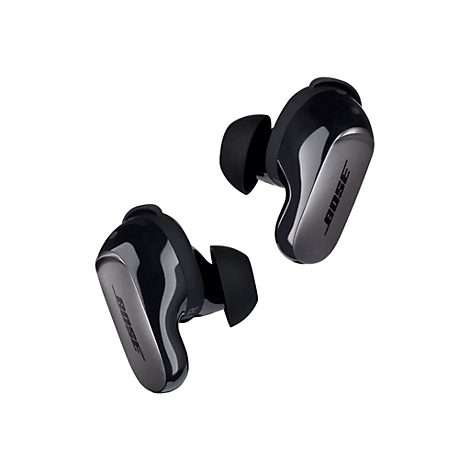 Schwarze, glänzende Bose In-Ear-Kopfhörer vor weißem Hintergrund mit Bose-Logo.