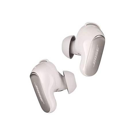Weiße Bose In-Ear-Kopfhörer vor weißem Hintergrund mit silbernem Logo-Schriftzug.