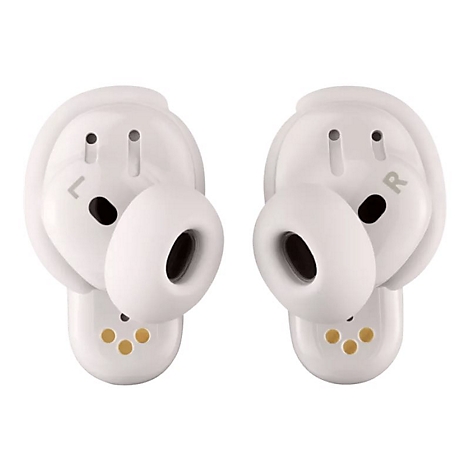Zwei weiße In-Ear-Kopfhörer mit L- und R-Markierung auf weißem Hintergrund.
