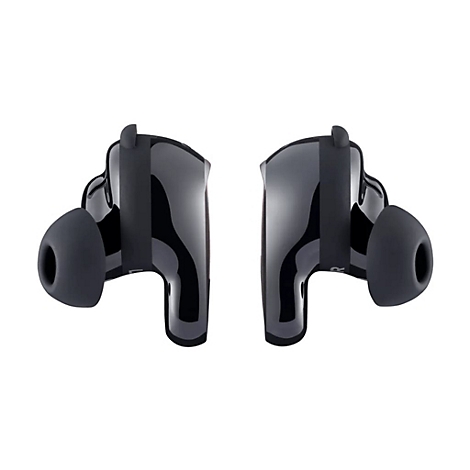 Zwei schwarze In-Ear-Kopfhörer mit glänzender Oberfläche und matten Silikonaufsätzen vor weißem Hintergrund.