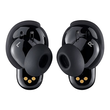 Zwei schwarze In-Ear-Kopfhörer mit L- und R-Markierung vor weißem Hintergrund.
