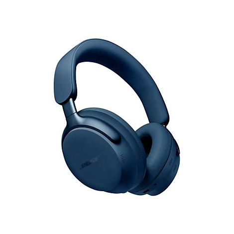 Dunkelblaue Bose Over-Ear-Kopfhörer vor weißem Hintergrund.