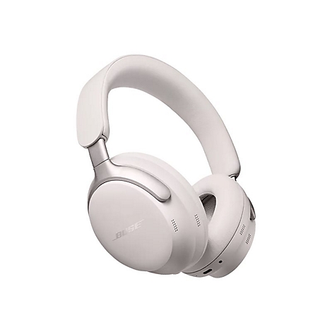 Weiße Bose Over-Ear-Kopfhörer vor weißem Hintergrund mit dezentem Bose-Logo.