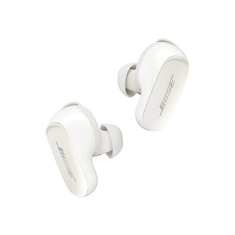 Weiße Bose In-Ear-Kopfhörer vor weißem Hintergrund mit dezentem Bose-Logo.
