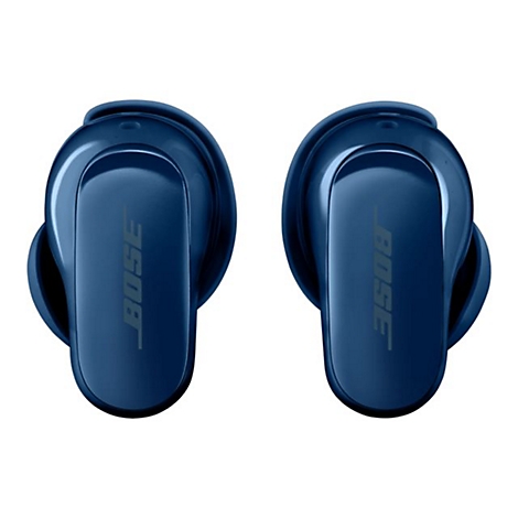 Zwei glänzend dunkelblaue Bose In-Ear-Kopfhörer vor weißem Hintergrund.