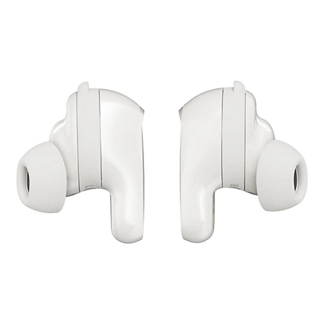 Zwei weiße In-Ear-Kopfhörer vor weißem Hintergrund.