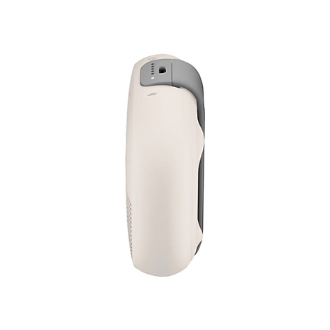 Seitenansicht eines beigen Bluetooth-Lautsprechers mit sichtbarem USB-Ladeanschluss und Statusanzeige.