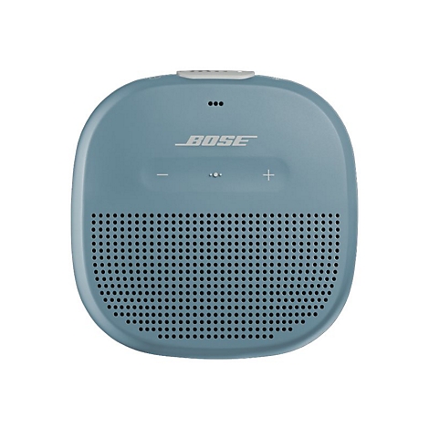 Blauer, quadratischer Bose Bluetooth-Lautsprecher mit abgerundeten Ecken und mittigem Bose-Schriftzug.