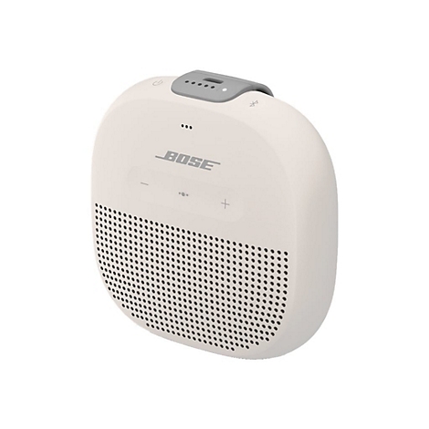 Beigefarbener, ovalförmiger Bluetooth-Lautsprecher mit perforierter Front. Oben befindet sich ein graues Bedienfeld mit Tasten und das BOSE Logo.