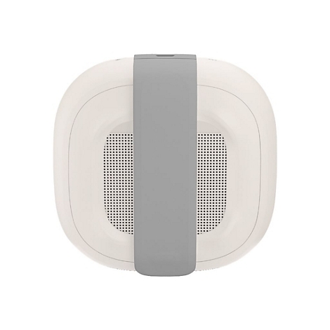 Hellweiße, ovale Luftreiniger-Oberseite mit grauem Band, zwei perforierte Bereiche.