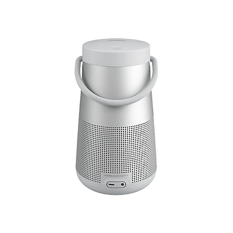 Silberner Bluetooth-Lautsprecher mit Tragegriff und der Aufschrift SOUNDLINK REVOLVE+.