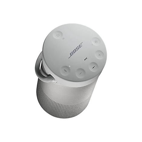 Grauer Bluetooth-Lautsprecher von Bose. Oben befinden sich Funktionstasten und das Logo.