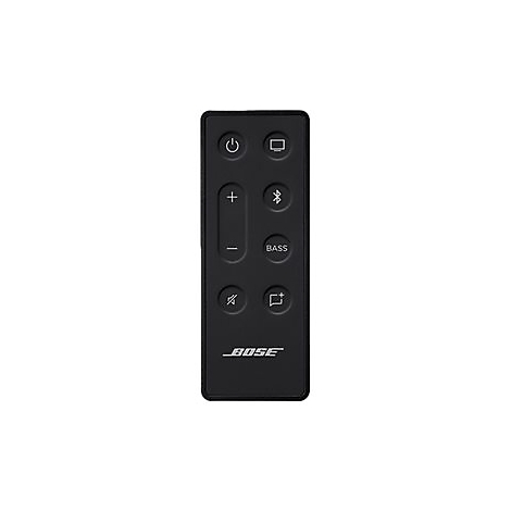 Schwarze Bose Fernbedienung mit Tasten für Lautstärke, Bluetooth, Bass und Stummschaltung auf weißem Hintergrund.