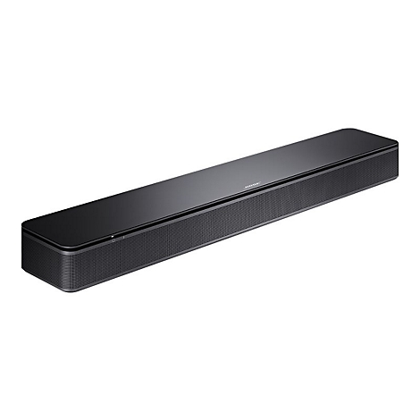 Schwarze, schlanke Bose Soundbar vor weißem Hintergrund mit Gitterfront und Bose-Logo oben.