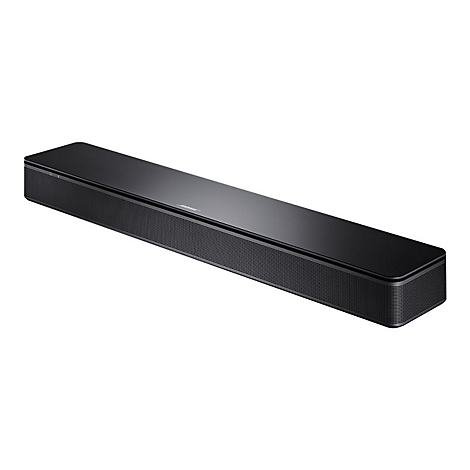 Schwarze Bose Soundbar vor weißem Hintergrund.
