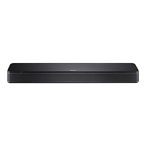 Schwarze, flache Bose Soundbar vor neutralem Hintergrund.