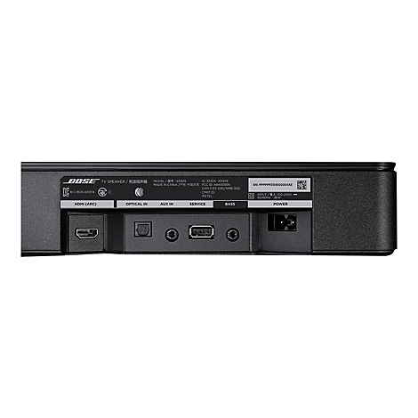 Rückseite einer Bose TV-Lautsprecherleiste mit verschiedenen Anschlüssen wie HDMI, Optical, AUX und Stromanschluss.