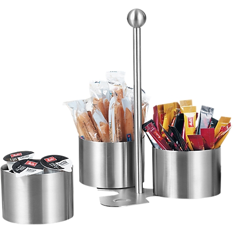 Stainless steel organizer for coffee accessories: capsules, sugar, coffee sticks.