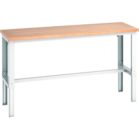 Werkbank mit hellbrauner Holzplatte und weißem Metallgestell.