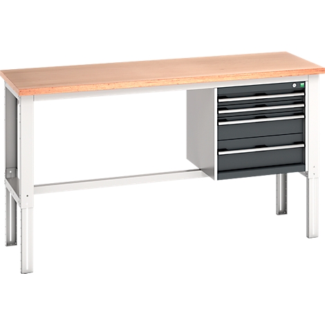 Werkbank mit Holzplatte, grauem Gestell und Schubladenelement.