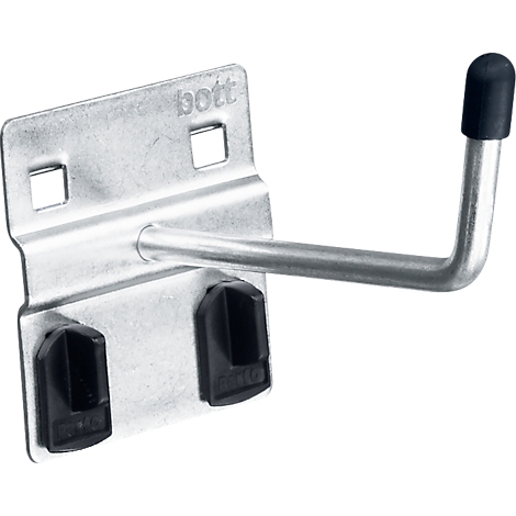 Ein Metallhaken für Werkzeuge oder Geräte. Der Haken hat einen schwarzen Gummiüberzug am Ende und zwei Halterungen.