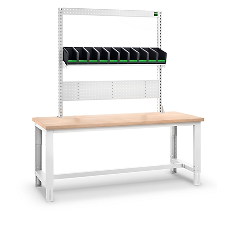 Werkbank met plank en bakken. Houten blad, wit metalen frame, zwarte bakken met groene details.