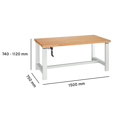 Banco de trabajo con encimera de madera, patas blancas y manivela. Dimensiones: 1500 mm de largo, 750 mm de alto, ajustable de 740 a 1120 mm.