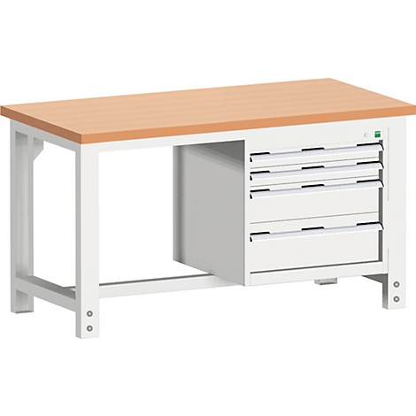 Werkbank met lichtbruin tafelblad, witte poten en lades.