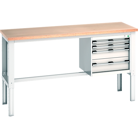 Werkbank met houten blad, grijs metalen frame en lades. Lades aan de rechterkant.