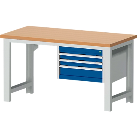 Werkbank met houten blad, wit frame en lades. De laden zijn blauw.