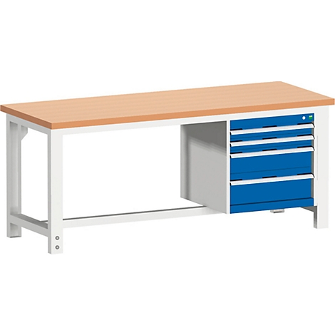 Werkbank met houten blad, wit frame en blauwe laden.