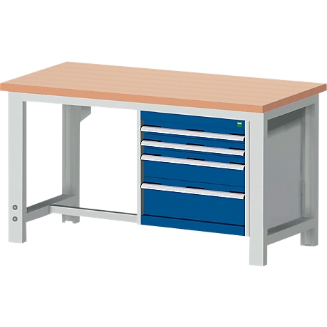 Werkbank met blauwe lade-eenheid en licht houten blad.