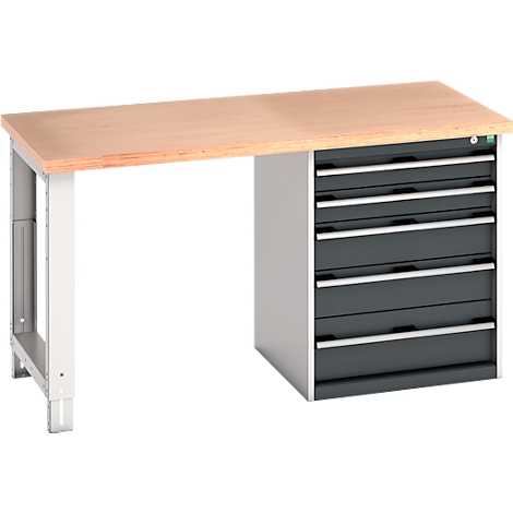 Werkbank met houten blad, grijs-zilveren lades en wit frame.