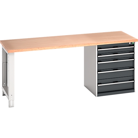 Werkbank met houten blad, grijszwarte laden en lichtgrijs frame.