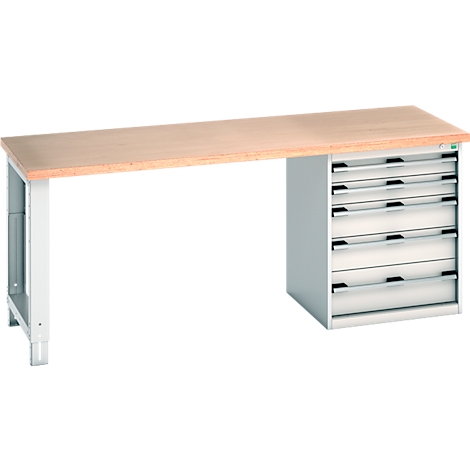 Werkbank met houten blad, lichtgrijs frame en lades. De werkbank is leeg.