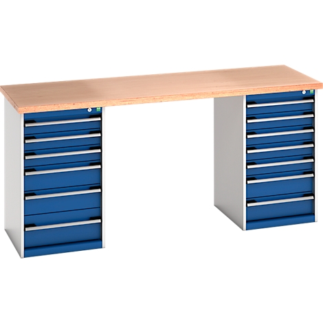 Blauwe werkbank met houten werkblad. Onderbouw met lades. Gehouden in wit.