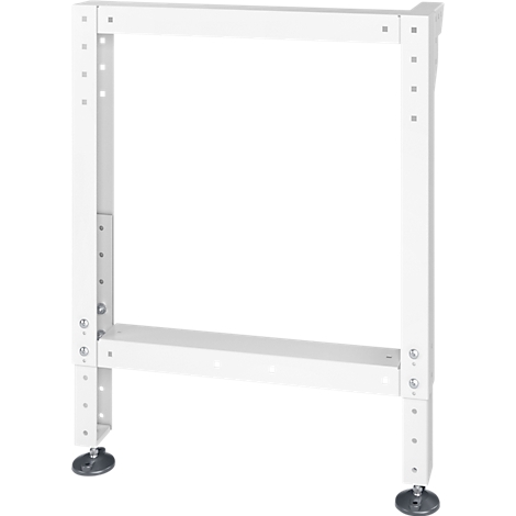 Weißes, rechteckiges Möbelgestell mit verstellbaren Beinen und Fußplatten.