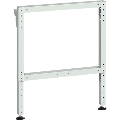 Hellgraues Metallgestell mit rechteckigem Rahmen. An den Füßen kleine schwarze Stellfüße.