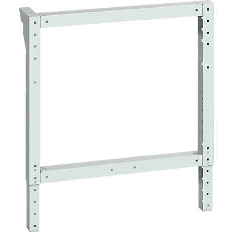 Hellgraues Metallgestell mit eckiger Form und Lochreihe an den Kanten.