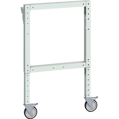 Ein weißes, rechteckiges Gestell mit Rädern. Es dient als Basis für ein höhenverstellbares Gerät.