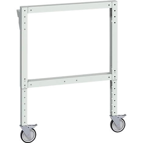 Hellgrauer Metallrahmen mit Rollen. Der Rahmen hat eine rechteckige Form und ist mit Schrauben verbunden.