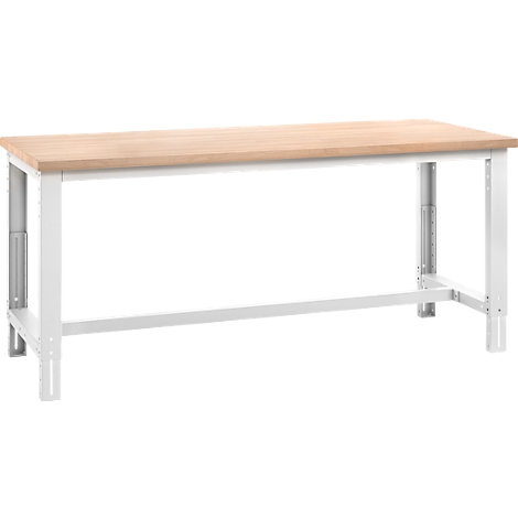 Werkbank met houten blad op witte metalen poten, tegen een witte achtergrond.